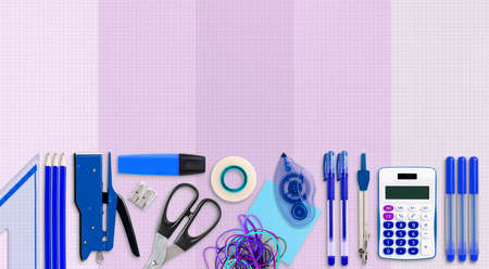 Office or School stationary on colored squared paper background with copy space; Top view