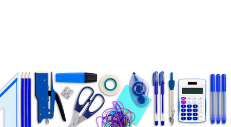Office or School stationary on white table with copy space; Top viewの写真素材