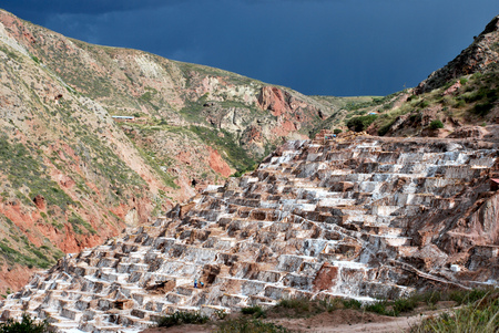 Salt Ponds in Maras in the Urubamba Valley in the Cuzco region, Peruの写真素材