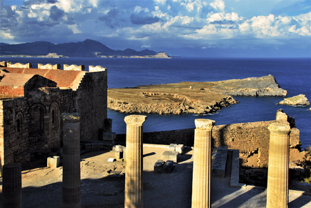 Pillars of a Temple in th aAcropolis of Lindos in Rhodes Islandの写真素材