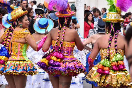 Arequipa, Peru February 2019 Women dressed in traditional clothes dancing during local celebrationのeditorial素材
