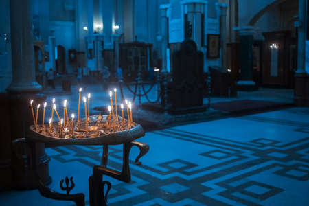 close up of candles the main cathedral of the Georgian Orthodox Church in Georgiaのeditorial素材
