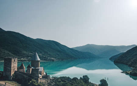 architecture of ananuri with church, towers and lake, georgiaの写真素材