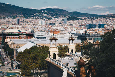 two girls looking Barcelona Cityscape at dusk Spain travel conceptの写真素材
