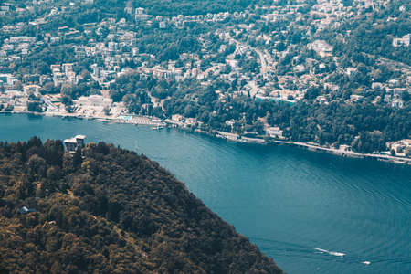 Spectacular viewpoint of Lake Como from the top of the light house - Brunate, Como, Italy - Lombardy.の写真素材