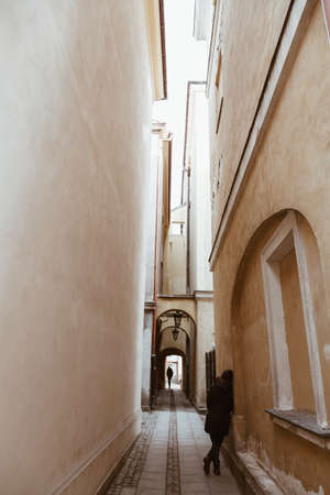 Romantic Casual encounter, meet on a old street - fall in love - emotion concept.の写真素材