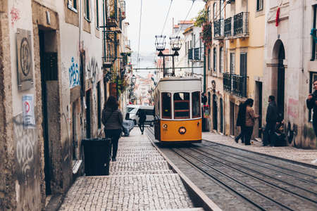 LISBON, PORTUGAL - April 2018 Funicular in the city center of Lisbon, National Monument in Portugal and a popular tourist attraction of Europeのeditorial素材