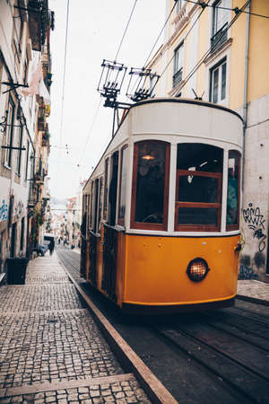 LISBON, PORTUGAL - April 2018 Funicular in the city center of Lisbon, National Monument in Portugal and a popular tourist attraction of Europeのeditorial素材