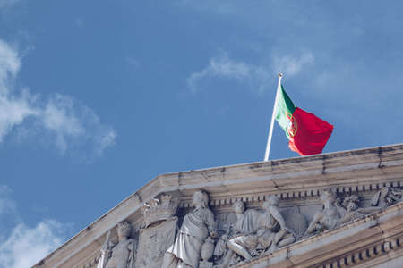 Detail with National flag in the Town Hall and municipal square in Lisbon, Portugalの写真素材