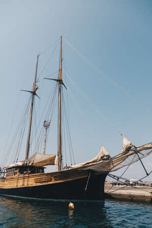 AUG 2018 ITA - ancient wood boat on the port of Cagliari Sardinia.のeditorial素材