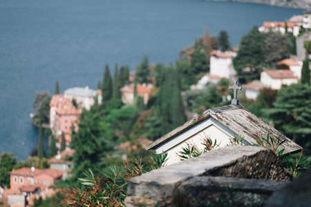 View of little church in the small village of Bellano in the shoreline of como lake - Lombardyのeditorial素材