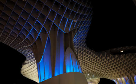 Metropol parasol at night with blue light - Modern architecture in low light situation - April 2019 Seville - Spainのeditorial素材