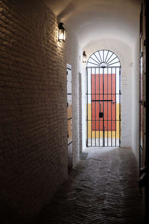 April 2019 Interior view of bullfighting arena (plaza de toros) in Seville, Real Maestranza de Caballeria de Sevilla, Spainのeditorial素材