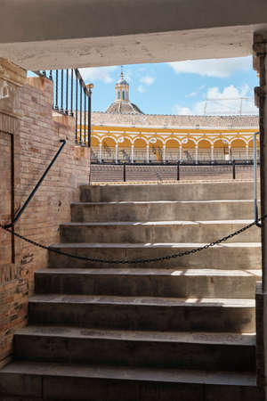 April 2019 Main Entrance of bullfighting arena (plaza de toros) in Seville, Real Maestranza de Caballeria de Sevilla, Spainのeditorial素材