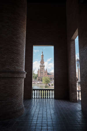 Square of Spain (Plaza de Espana) Seville through the windowのeditorial素材