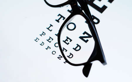 eye chart on tablet and the glass with E Standard Logarithm Eyesight Table on top of the light...