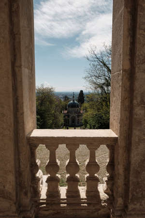 view of the XIV chapel along the path of the historic pilgrimage route from Sacred Mount or Sacro Monte of Varese, Italy - Lombardyの写真素材