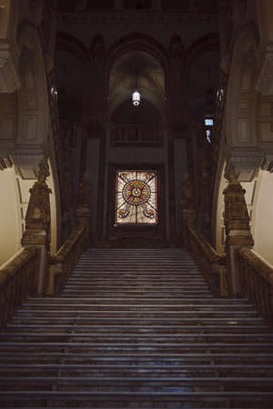 SEPT 2019 . NAVAL MUSEUM entrance with decorated colorful window - Escaleras Museo Naval de Madrid. SPAINのeditorial素材