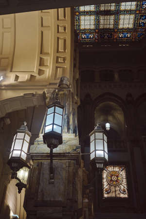 SEPT 2019 . NAVAL MUSEUM entrance close-up with lamps - Escaleras Museo Naval de Madrid. SPAIN.のeditorial素材