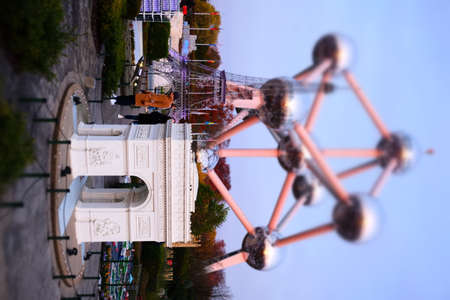 Atomium landmark near the Mini Europe in Brussels, Tilt-shift panoramic view of capitals and...