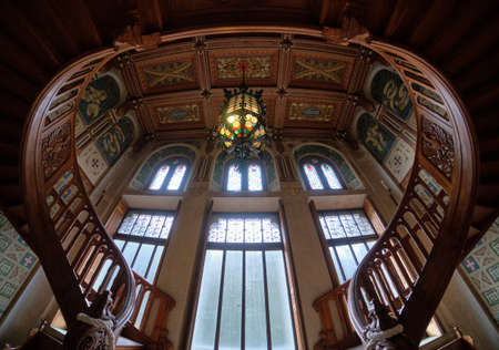 SEPT 2020 - interior view of stairs in the Savoia Castle - Gressoney-Saint-Jean, Valle d'Aosta region, Italyのeditorial素材