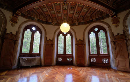 SEPT 2020 - interior view of decorated windows in the Savoia Castle - Gressoney-Saint-Jean, Valle d'Aosta region, Italy.のeditorial素材