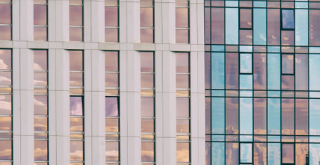 Facade glass reflection on modern buildings - Milan - Lombardy - ITALYの写真素材