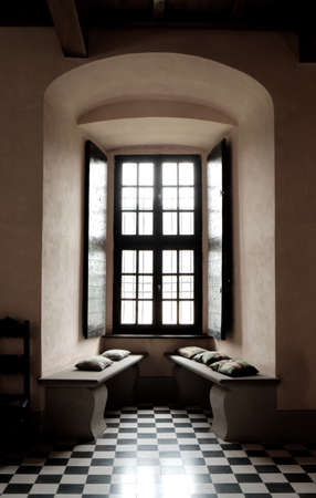 interior view of window in the old (Zavattarello) Medieval castle in small village in the hilly area of (Italian name: Castello del Verme - Oltrepo Pavese)のeditorial素材