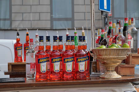 2022 March - ITA - Novara - Bottles on the shelf of a bar. Aperol Spritz is a wine-based cocktailのeditorial素材