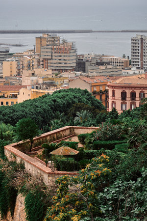 panoramic view of the city of Cagliari with gardens and historic buildingsの写真素材