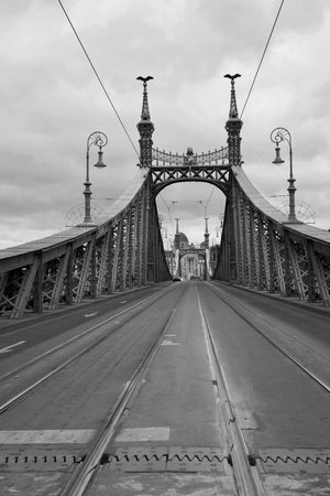 Iconic green iron bridge in Budapest, spanning the Danube River. Architectural elegance merging with historical charmの写真素材