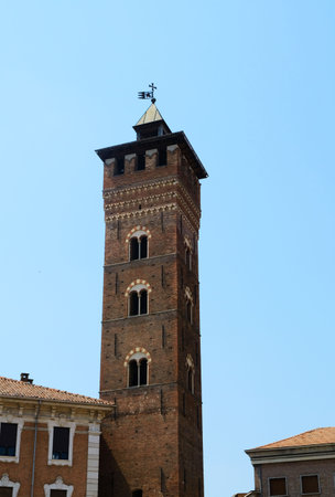 Majestic Troyana Tower, Asti's tallest historic clock tower. Iconic medieval landmark dominates skyline, showcasing architectural heritageの写真素材