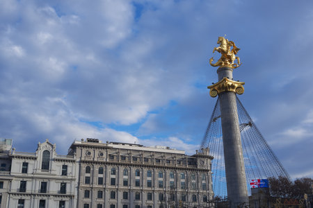 Freedom Square in Tbilisi, Georgia. Features Historic architecture, Monument, Urban landmark, and Cultural significance.の写真素材