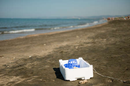 Plastic, white, styrofoam container left on sandy beach.の写真素材