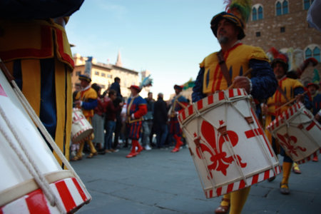 uffizi flag. flag wavers of the city of florence, historical and cultural city of tuscany, italy.のeditorial素材