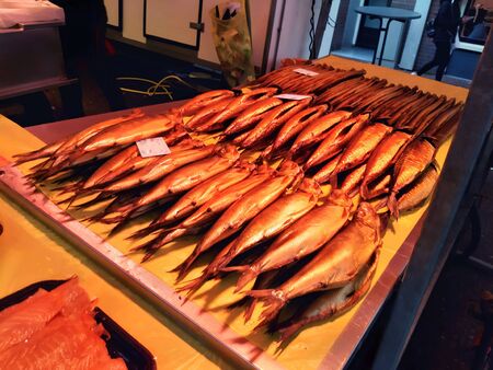 fresh fish just caught on the stand of the fish market in Amsterdam, Netherlandsの写真素材