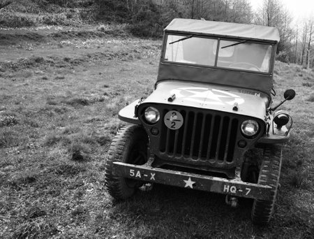 American military jeep of the Second World War on the paths of the Gothic Line in Tuscanyのeditorial素材