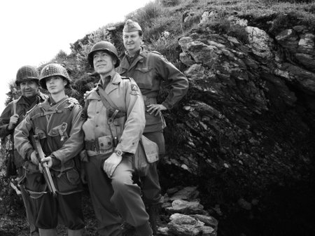 American allied soldiers in trench uniforms fight German enemies along the Gothic Line in a historical reenactment in tuscanyのeditorial素材