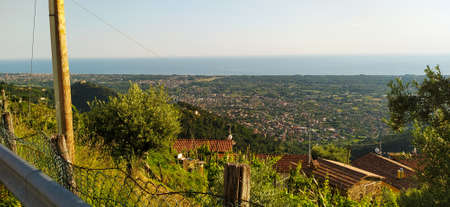 panoramic viewpoint in the nature of the woods and mountains of the Apuan Alps in apenninesの写真素材