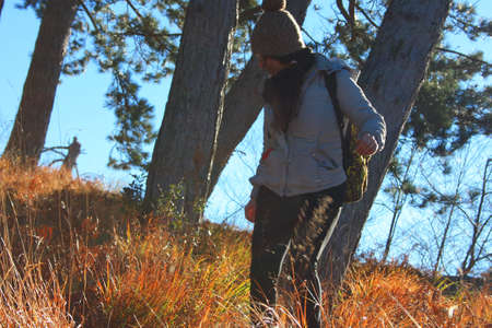 explorer girl on an adventurous excursion in the mountains of the Tuscan-Emilian Apennines. Apuan...