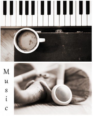 Monohrome set of images, imagination, coffee, musicの写真素材