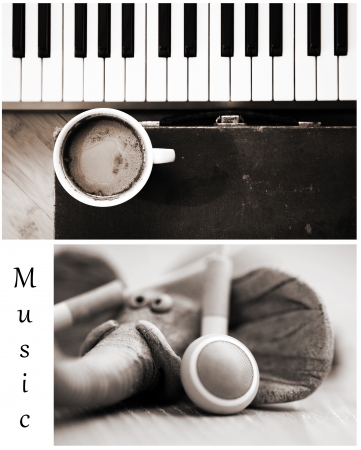 Monohrome set of images, imagination, coffee, musicの写真素材