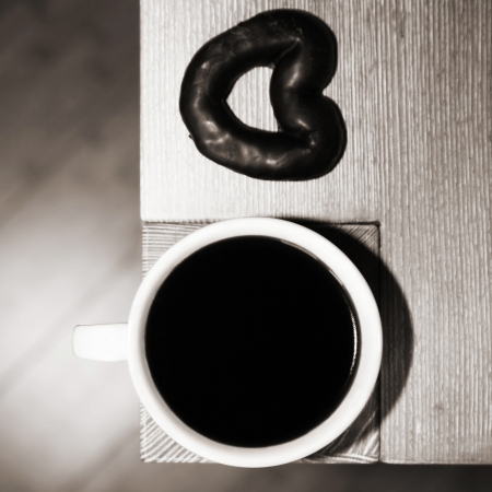 image of cup of coffee and cake, monochromeの写真素材