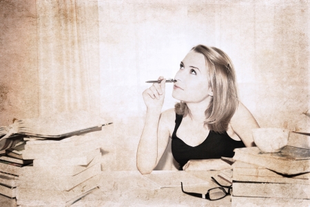 artwork  in retro style,  girl in the libraryの写真素材