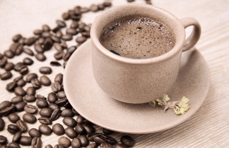 artwork  in painting style, cup of coffee, coffee beans, yellow flowersの写真素材