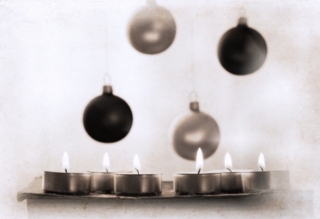 artwork  in retro style,  burning candles and New Year s decorationの写真素材