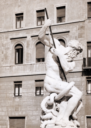 artwork  in retro style,  Statue of Neptune in the Fontana di Nettuno in Piazza Navona, Rome, Italyの写真素材