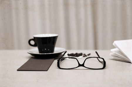 Artwork in retro style,  cup of coffee, glasses, coffee beansの写真素材