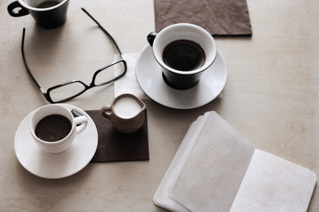 Artwork in retro style,  cup of coffee, glasses, milkの写真素材