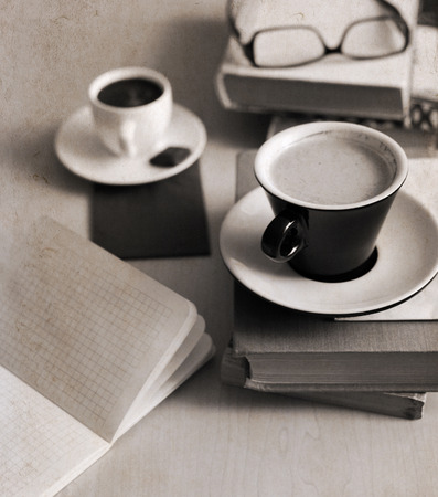 closeup; cafe; table; glasses; caffeine; white; brown; coffee; beverage; drink; latte; cup; breakfast; old; morning; black; opened; fashion; dark; energy; espresso; artwork; up; retro; cool; texture; painting; art; stylish; cappuccino; style; vintage; bacの写真素材